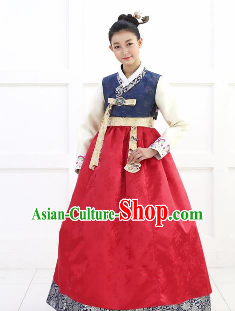 Korean Traditional Bride Hanbok Blue Blouse and Green Embroidered Dress Ancient Formal Occasions Fashion Apparel Costumes for Women