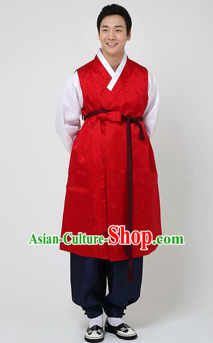 Traditional Korean Costumes Ancient Korean Bridegroom Hanbok Red Vest and Navy Pants for Men