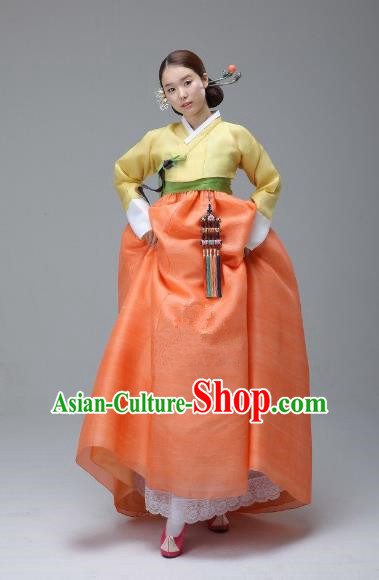 Korean Traditional Bride Hanbok Yellow Blouse and Orange Dress Ancient Formal Occasions Fashion Apparel Costumes for Women