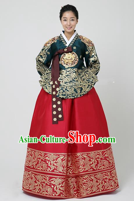 Korean Traditional Bride Hanbok Formal Occasions Peacock Green Blouse and Red Dress Ancient Fashion Apparel Costumes for Women