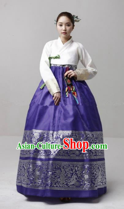 Korean Traditional Bride Hanbok Formal Occasions White Blouse and Purple Dress Ancient Fashion Apparel Costumes for Women