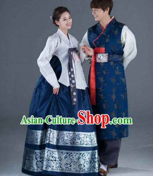 Traditional Korean Navy Costumes Ancient Korean Bride and Bridegroom Hanbok Complete Set