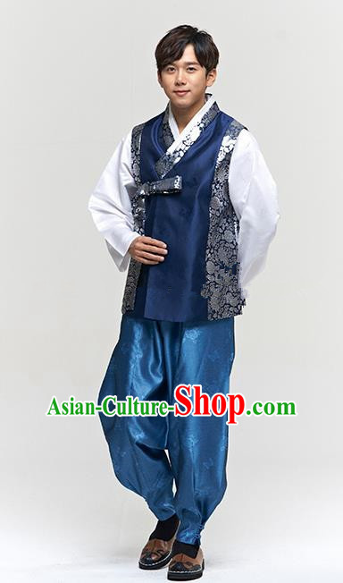 Traditional Korean Costumes Ancient Palace Korean Bridegroom Hanbok Navy Vest and Blue Pants for Men