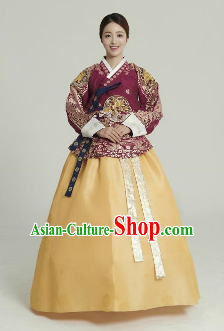 Korean Traditional Bride Tang Garment Hanbok Formal Occasions Wine Red Blouse and Yellow Dress Ancient Costumes for Women