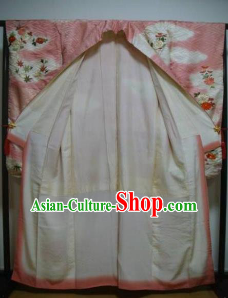 Japan Ancient Palace Pink Furisode Kimonos Traditional Yukata Dress Formal Costume for Women