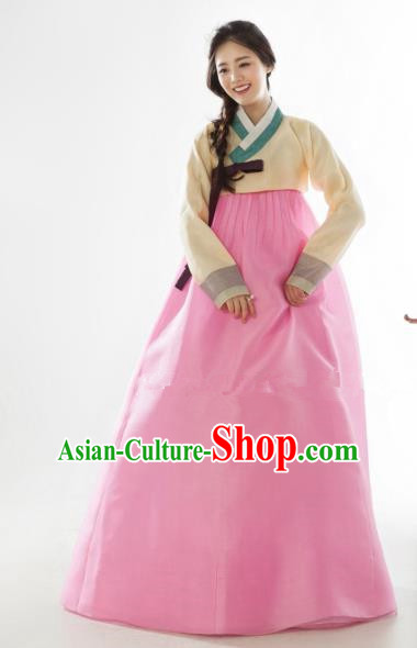 Korean Traditional Bride Tang Garment Hanbok Formal Occasions Yellow Blouse and Pink Dress Ancient Costumes for Women