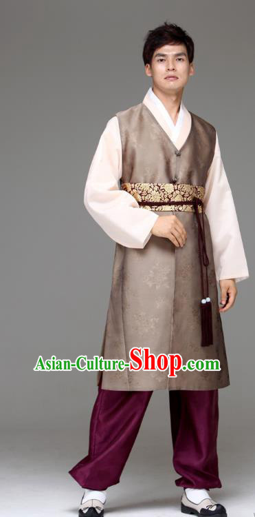 Traditional Korean Costumes Ancient Palace Korean Bridegroom Hanbok Brown Vest and Purple Pants for Men