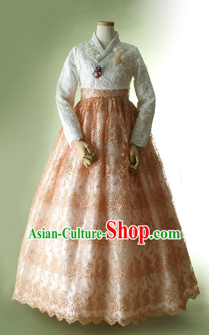 Korean Traditional Bride Tang Garment Hanbok Formal Occasions White Lace Blouse and Orange Dress Ancient Costumes for Women