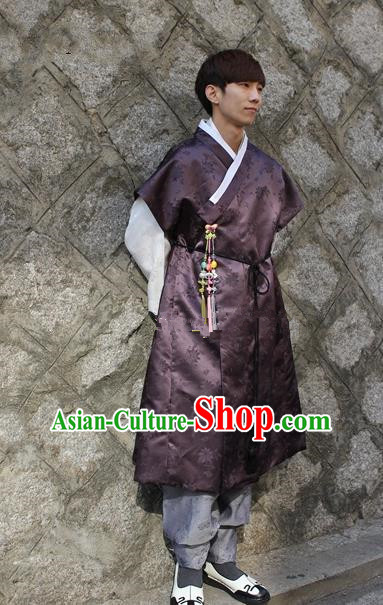 Traditional Korean Costumes Ancient Palace Korean Bridegroom Hanbok Purple Vest and Grey Pants for Men