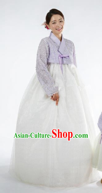 Korean Traditional Bride Tang Garment Hanbok Formal Occasions Lilac Blouse and White Dress Ancient Costumes for Women