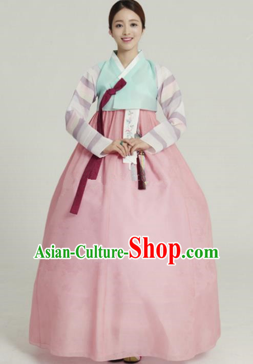 Korean Traditional Bride Tang Garment Hanbok Formal Occasions Green Blouse and Pink Dress Ancient Costumes for Women