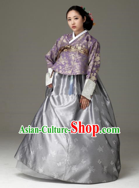Korean Traditional Bride Tang Garment Hanbok Formal Occasions Purple Blouse and Grey Dress Ancient Costumes for Women