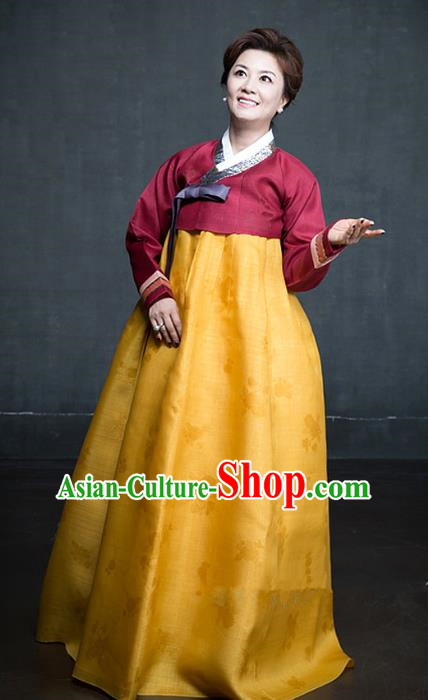 Korean Traditional Tang Garment Hanbok Formal Occasions Wine Red Blouse and Yellow Dress Ancient Costumes for Women