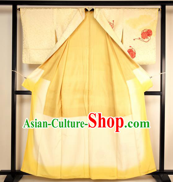 Japan Ancient Yellow Silk Furisode Kimonos Traditional Palace Yukata Dress Formal Costume for Women