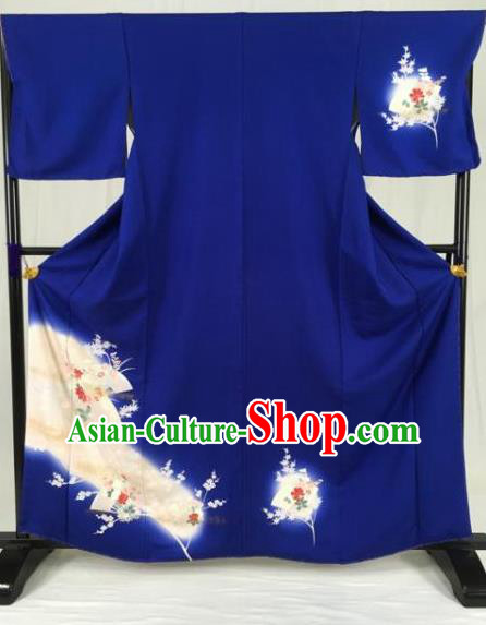 Asian Japan Palace Printing Royalblue Furisode Kimono Ancient Yukata Dress Formal Costume for Women