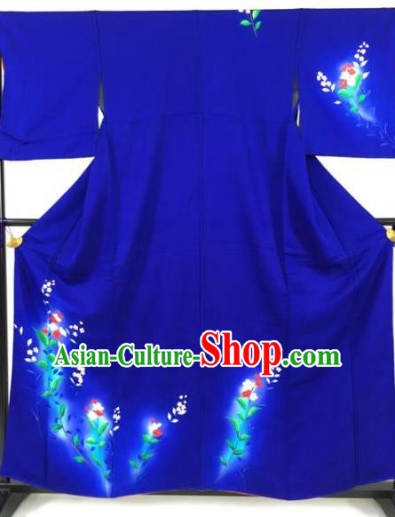 Asian Japan Palace Printing Flowers Blue Furisode Kimono Ancient Yukata Dress Formal Costume for Women