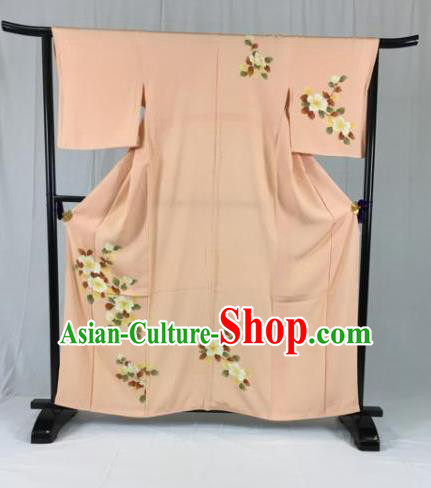 Japan Traditional Formal Costume Printing Flowers Pink Furisode Kimonos Ancient Palace Yukata Dress for Women