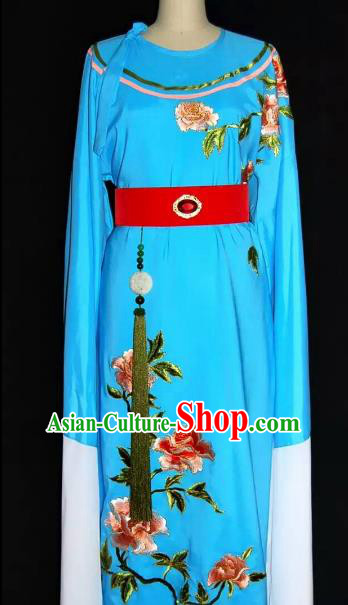 China Traditional Beijing Opera Young Men Embroidered Peony Costume Chinese Peking Opera Niche Blue Robe for Adults