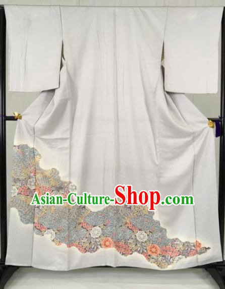 Asian Japan Palace Printing White Kimono Formal Costume Furisode Kimonos Ancient Yukata Dress for Women