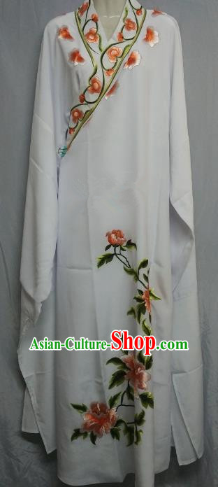 China Beijing Opera Lang Scholar Niche Costume White Embroidered Peony Robe for Adults