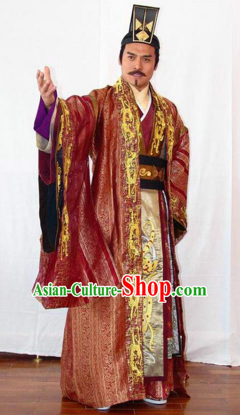 Chinese Ancient Emperor of Sui Dynasty Yang Guang Embroidered Replica Costume and Headpiece Complete Set for Men