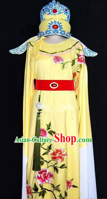 Top Grade Chinese Beijing Opera Embroidered Yellow Robe Peking Opera Niche Costume and Hat for Adults