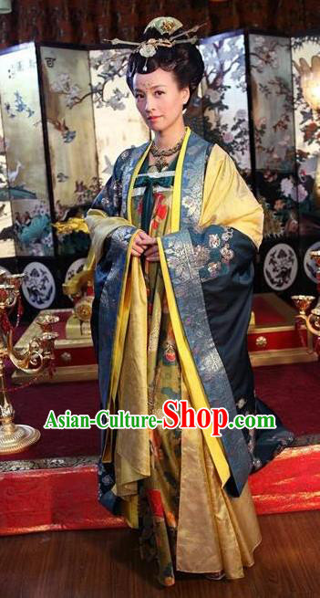 Chinese Ancient Tang Dynasty Empress Wu Zetian Hanfu Dress Historical Costume and Headpiece Complete Set for Women