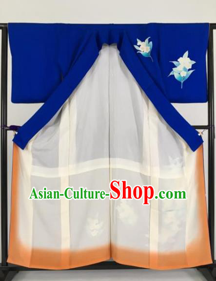 Japan Traditional Deep Blue Kimonos Furisode Kimono Ancient Yukata Dress Formal Costume for Women