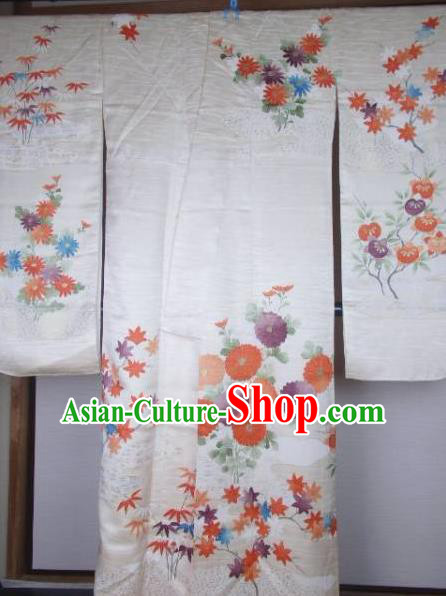 Ancient Japanese Geisha White Silk Furisode Kimonos Traditional Female Yukata Dress Formal Costume for Women