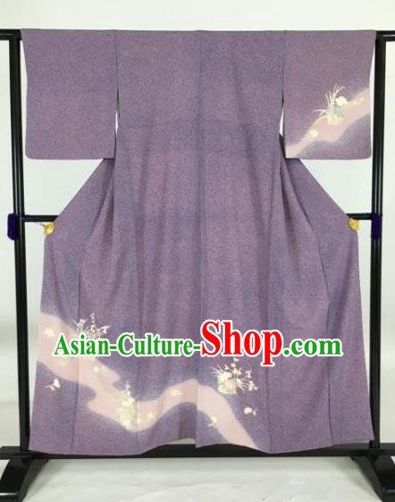 Japan Traditional Printing Kimonos Purple Furisode Kimono Ancient Yukata Dress Formal Costume for Women
