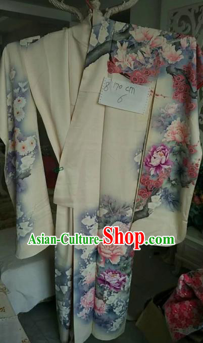 Ancient Japanese Palace Furisode Kimonos Traditional Printing Peony Yukata Dress Formal Costume for Women