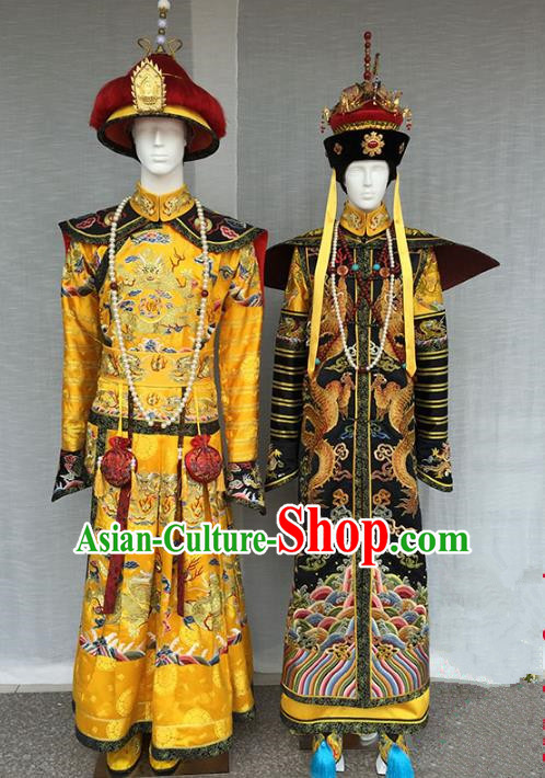 Chinese Qing Dynasty Manchu Emperor and Empress Embroidered Costume Complete Set