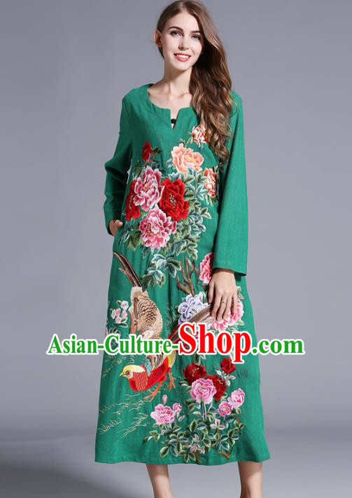 Chinese National Costume Orphrey Embroidered Green Cheongsam Qipao Dress for Women