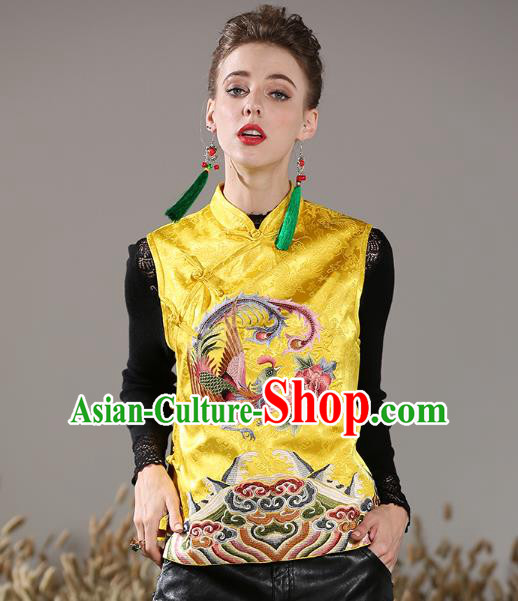 Chinese National Costume Traditional Embroidered Phoenix Peony Yellow Vests Waistcoat for Women