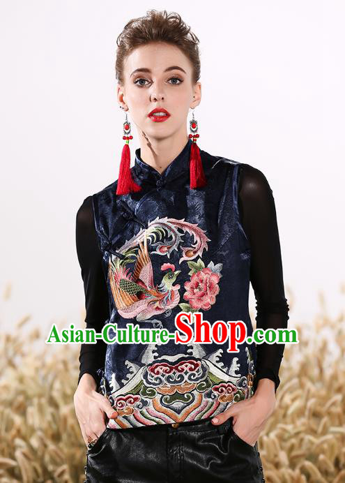 Chinese National Costume Traditional Embroidered Phoenix Peony Navy Vests Waistcoat for Women