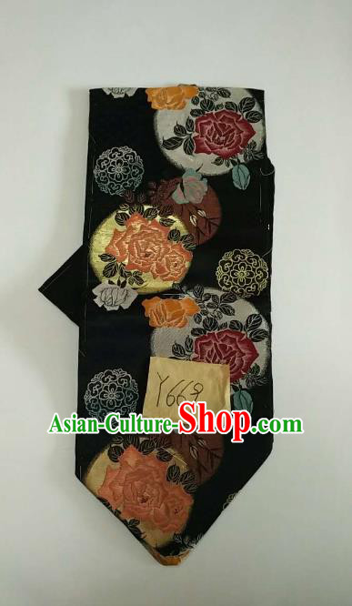 Japanese Traditional Embroidered Brocade Waistband Kimono Yukata Dress Black Belts for Women