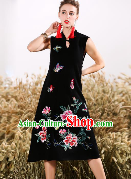 Chinese National Costume Embroidered Peony Butterfly Black Qipao Dress Cheongsam for Women