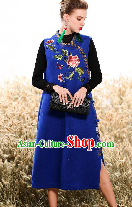 Chinese National Costume Traditional Embroidered Vests Dress Blue Cheongsam for Women