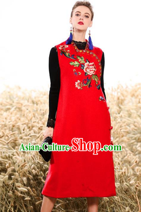 Chinese National Costume Traditional Embroidered Vests Dress Red Cheongsam for Women