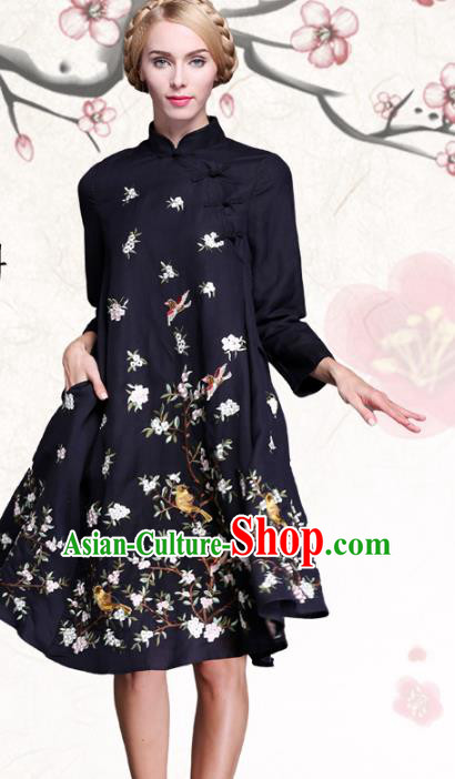 Chinese National Costume Embroidered Flowers Birds Navy Qipao Dress Cheongsam for Women