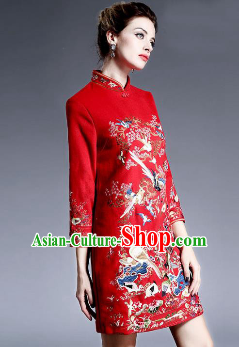 Chinese National Costume Embroidered Red Qipao Dress Stand Collar Cheongsam for Women