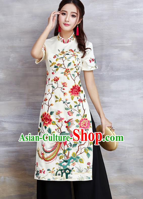 Chinese National Costume White Cheongsam Embroidered Peony Stand Collar Qipao Dress for Women