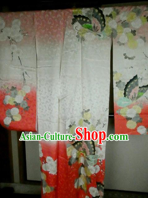 Ancient Japanese Geisha Printing Butterfly Furisode Kimonos Traditional Yukata Dress Costume for Women