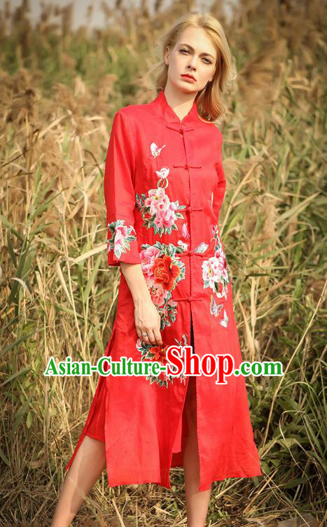 Chinese National Costume Red Cardigan Cheongsam Embroidered Peony Qipao Dress for Women