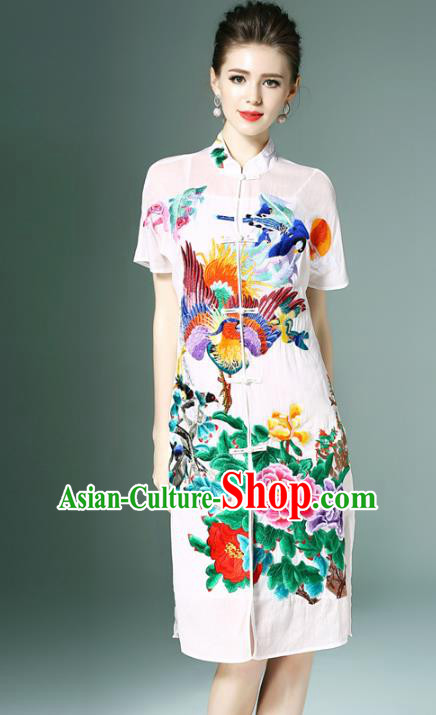 Chinese National Costume White Embroidered Peony Cheongsam Qipao Dress for Women