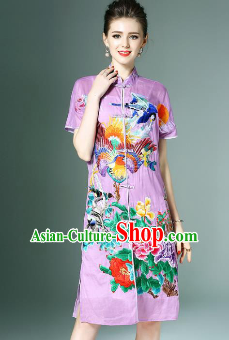 Chinese National Costume Purple Embroidered Peony Cheongsam Qipao Dress for Women