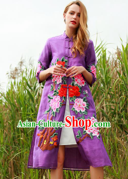 Chinese National Costume Purple Plated Buttons Coats Traditional Embroidered Peony Cardigan for Women