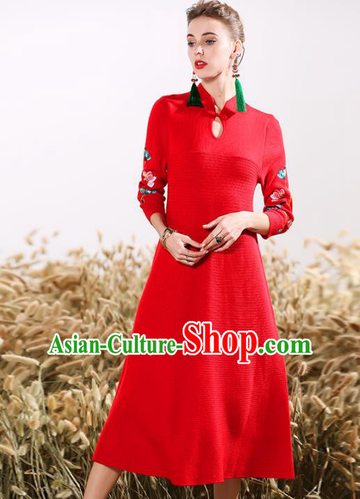Chinese National Costume Embroidered Red Cheongsam Vintage Qipao Dress for Women
