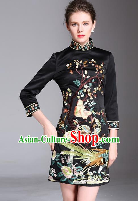 Chinese National Costume Stand Collar Embroidered Cheongsam Vintage Black Qipao Dress for Women
