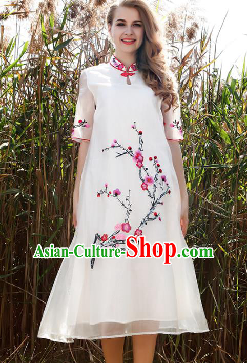 Chinese National Costume White Organza Cheongsam Embroidered Plum Blossom Qipao Dress for Women